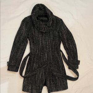 Zara Black & White Herringbone Cowl Neck Sweater Coat